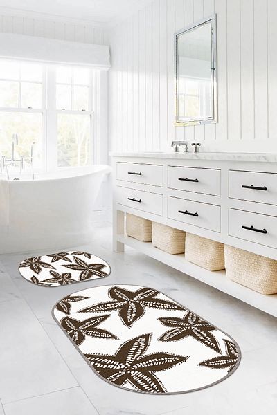Napoli Home Set scaun de toaletă cu covoraș de baie oval, lavabil, antiderapant, stea de mare, KLOZET-71-BROWN,