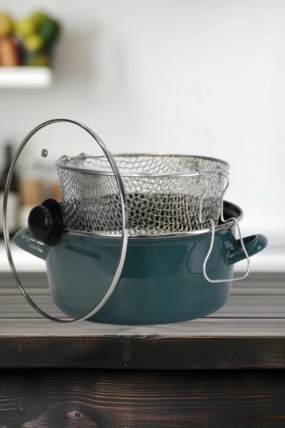 PR HOME Emaye Cam Kapaklı Kızartma Tenceresi 24 cm Petrol Yeşili