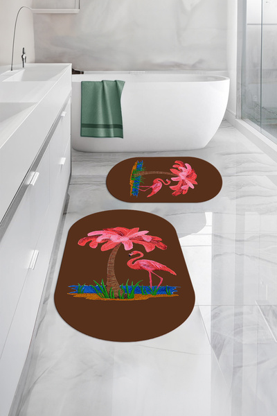Napoli Home Digital Washable Plain Flamingo Patterned Oval Bath Mat Toilet Set, Toilet-91-Brown,