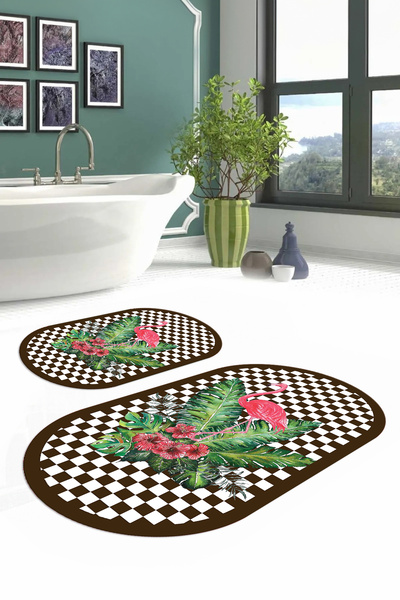 Napoli Home Digital Washable Non-Slip Flamingo Patterned Oval Bath Mat Toilet Set, Toilet-62-Brown,