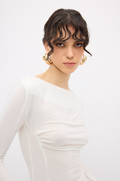 adL Boat Neck Gathered Knitted Blouse