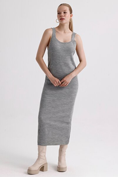 MD trend Women's Crew Neck Crop Cardigan and Strap Ribbed Dress Double Knitwear Set