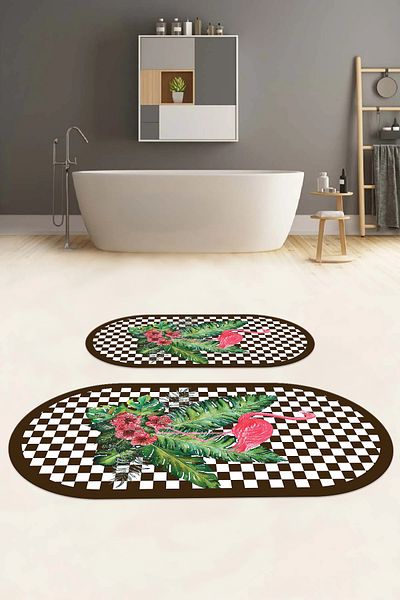 Napoli Home Digital Washable Non-Slip Flamingo Patterned Oval Bath Mat Toilet Set, Toilet-62-Brown,