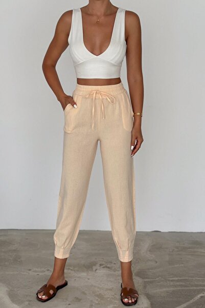 İstangül Butik Linen Comfortable Trousers - Elastic Waist, Collared Crinkle Leg