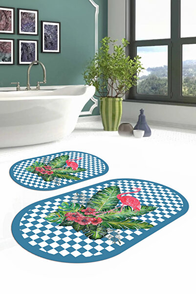 Napoli Home Set de scaune de toaletă pentru baie ovală, lavabilă digitală, anti-alunecare, cu model flamingo, WC-62-TURKUAZ,