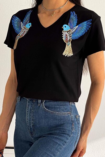 İstangül Butik Тениска с дизайн „Синя двойна птица“