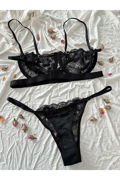 Snowdrop Σετ εσώρουχα Brode Underwire - Λεπτομέρεια με κεντημένη λουλουδάτη ρίγα (ΜΑΥΡΟ)