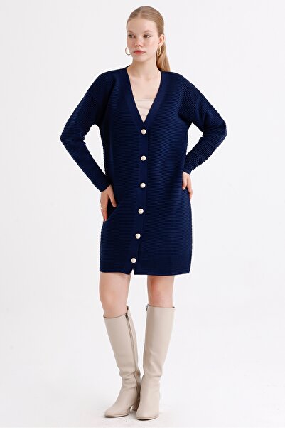 MD trend Women's Buttoned Self Patterned Long Oversize Knitwear Cardigan