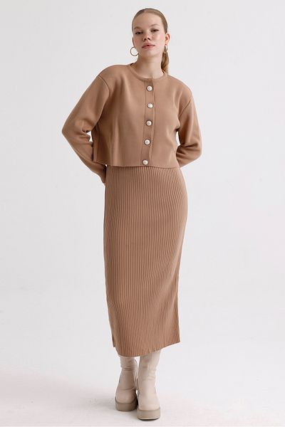 MD trend Women's Crew Neck Crop Cardigan and Strap Ribbed Dress Double Knitwear Set