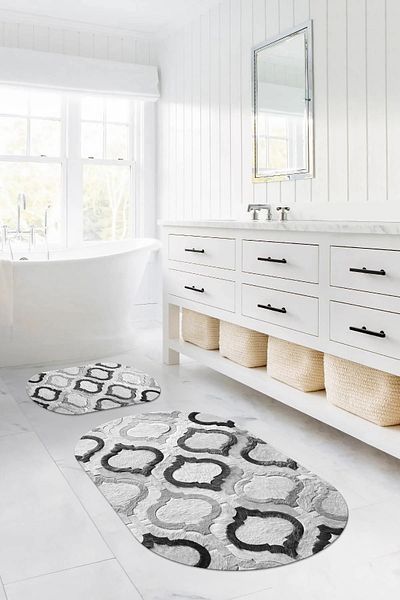 Napoli Home Set de scaune de toaletă cu covoraș de baie oval model de cană anti-alunecare lavabilă imprimată digital, WC-79-GRI,