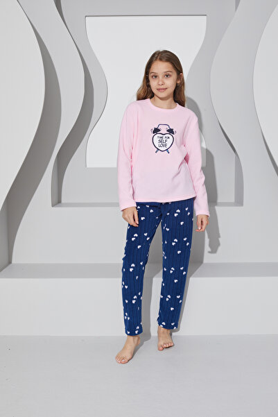 Siyah İnci pembe Nakışlı Alt-Üst Polar Pijama Takım 24223066