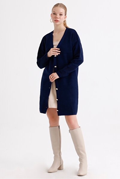 MD trend Women's Buttoned Self Patterned Long Oversize Knitwear Cardigan