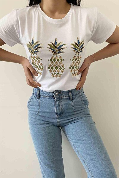 İstangül Butik Tricou cu decolteu rotund cu ananas strălucitor