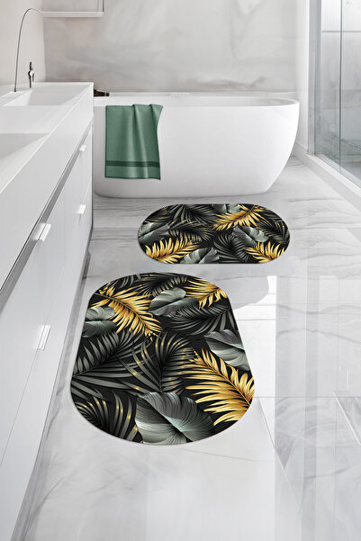 Napoli Home Set de toaletă pentru covoraș de baie oval cu model de frunze lav...