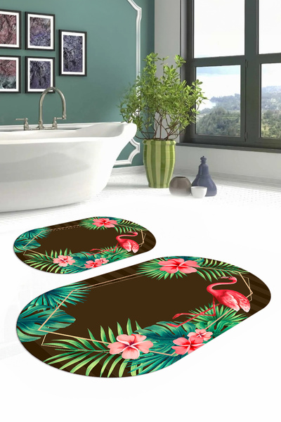 Napoli Home Digital Washable Colorful Flamingo Patterned Oval Bath Mat Toilet Set, Toilet-67-Brown,