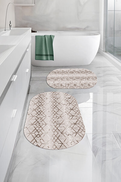 Napoli Home Ψηφιακό σετ τουαλέτας με αντιολισθητική βάση με μοτίβο γραμμής, οβάλ χαλάκι μπάνιου