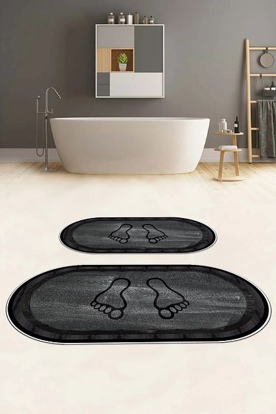 Napoli Home Set de scaune de toaletă cu covoraș de baie oval imprimat cu picioare anti-alunecare lavabil cu imprimare digitală, WC-51-ANTARACIT,