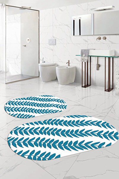 Napoli Home Set de toaletă pentru baie ovală, lavabilă, imprimată digital, cu model de frunze, cu bază anti-alunecare