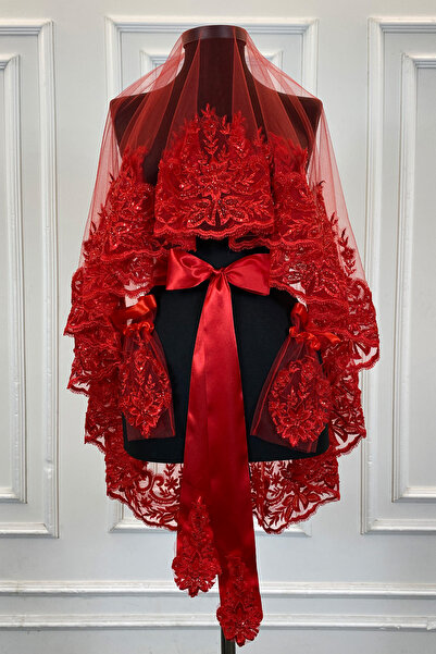 ZEYMERADE طقم حجاب زفاف أحمر، طقم حجاب حناء مطرز بالترتر وأحجار كريستال 6 قطع...