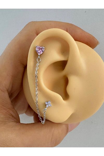 Arescollection Blue Flower Pattern - Chain Laced Helix Cartilage Earrings, Pink Heart Piercing