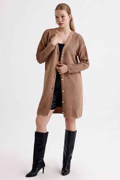 MD trend Women's Buttoned Self Patterned Long Oversize Knitwear Cardigan