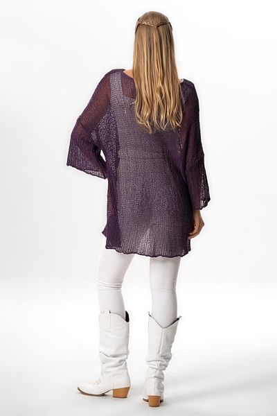 Eliş Şile Bezi Diamond Detailed Asymmetric Knitwear Blouse - Bat Sleeve, Boat Neck, Autumn and Winter, Purple