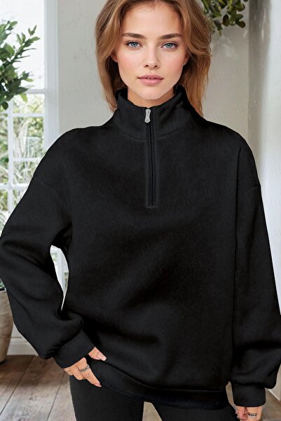 Millionaire Women's Black Turtleneck 3 Thread Fleece Inside Ribbed Oversize Sweatshirt