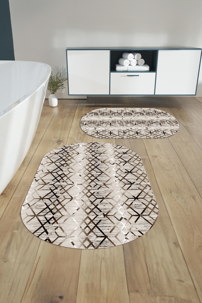 Napoli Home Ψηφιακό σετ τουαλέτας με αντιολισθητική βάση με μοτίβο γραμμής, οβάλ χαλάκι μπάνιου