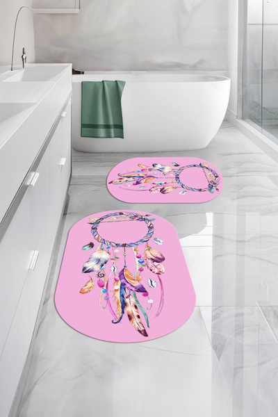 Napoli Home Set de scaun de toaletă pentru baie ovală, lavabil digital, anti-alunecare, cu model de pene de pasăre, WC-92-PINK,