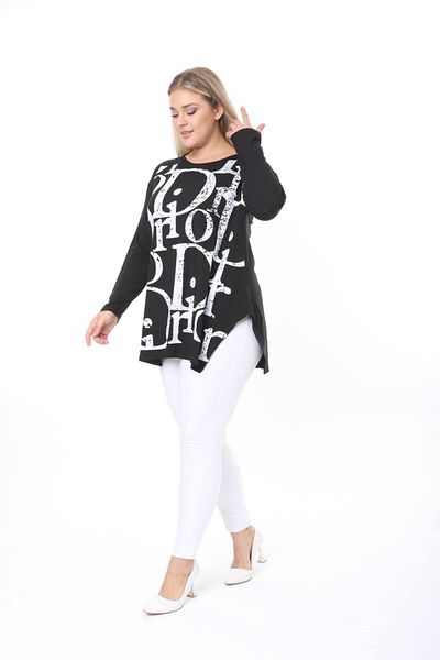 Butik Ayseba Women's Black and White Large Size Long Sleeve Blouse