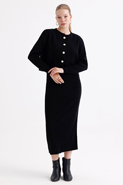 MD trend Women's Crew Neck Crop Cardigan and Strap Ribbed Dress Double Knitwear Set