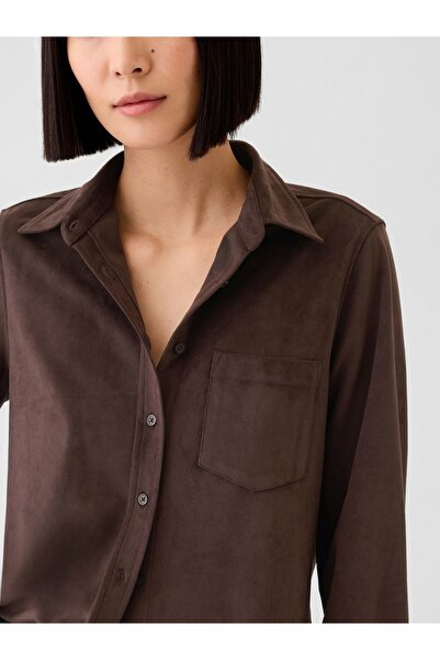 GAP Kadın Kahverengi Vegan Süet Classic Gömlek