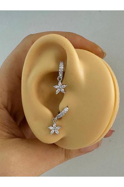 Arescollection 1 Piece Zircon Stone Flower Dangle Tragus Rook Compatible Piercing Earring
