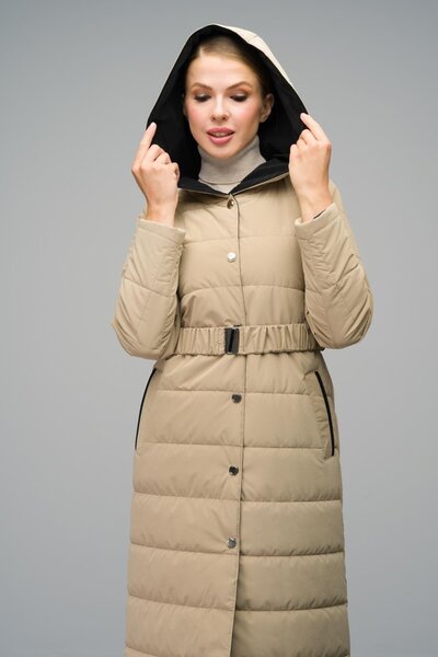 Olcay Beige Quilted Coat - Long, Hooded and Garni Detailed 6662