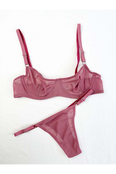 Snowdrop Dried Rose Transparent Tulle Bra Set - Underwire