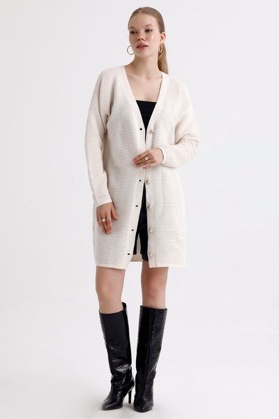 MD trend Women's Buttoned Self Patterned Long Oversize Knitwear Cardigan