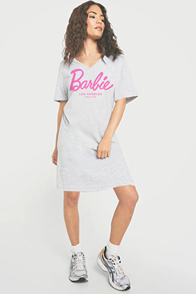 ROCKANDROLL Barbie Girl Gri V Yaka Yarım Kol Diz Boyu Rahat Ev Elbisesi Gecelik