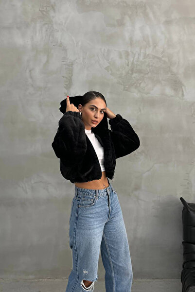 Neşeli Butik jachetă scurtă de pluș cu glugă neagră pentru femei NBDM5001