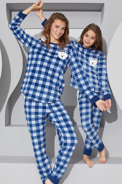 Siyah İnci Navy Blue Embroidered Lower-Upper Fleece Pajama Set 24223074