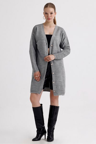 MD trend Women's Buttoned Self Patterned Long Oversize Knitwear Cardigan