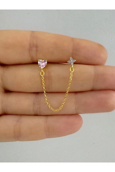 Arescollection Blue Flower Pattern - Chain Laced Helix Cartilage Earrings, Pink Heart Piercing