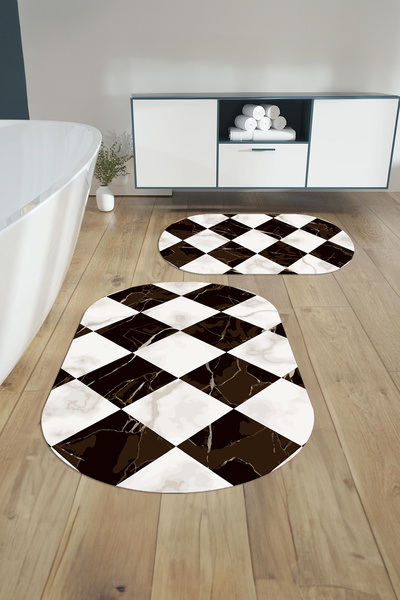 Napoli Home Set de scaune de toaletă cu covoraș de baie oval cu model de podea din marmură lavabilă digitală, WC-78-BROWN,