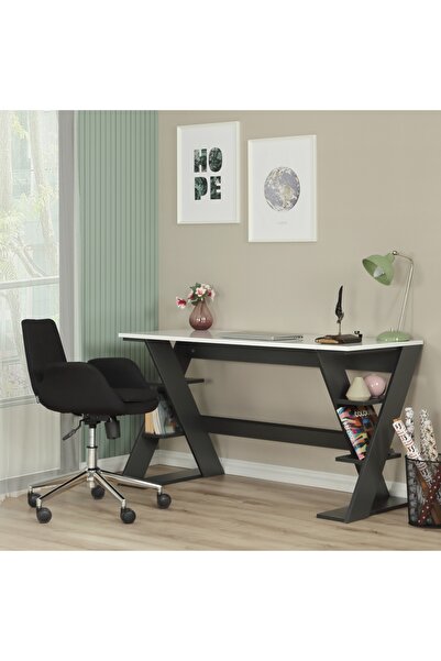 PASİFİC HOME Lungo Raflı Çalışma Masası, Ofis Masası, 60x140 Cm, Antrasit&beyaz