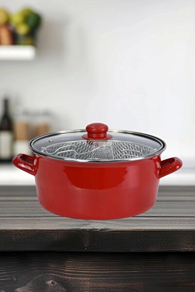PR HOME Enameled Glass Lid Frying Pan 24 cm Red