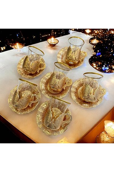 CHANCE GİFT 12 Pieces Lux Tea Cups Ottoman Style Embroidered Tea Cup Set (6 Persons)