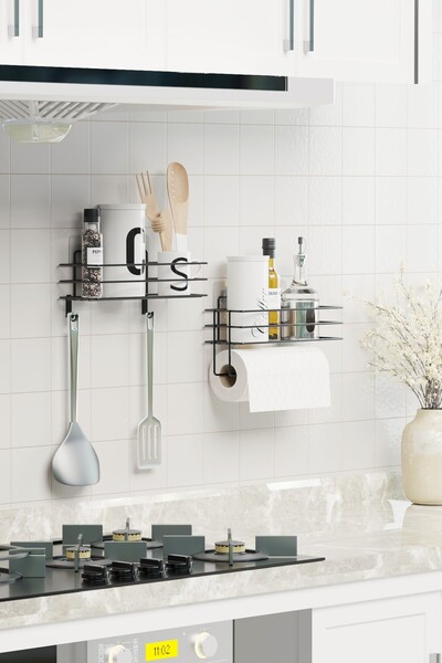 zabata Yapışkanlı Mutfak Rafı 2 li Set Kağıt Havlu Askılı Mutfak Düzenleyici Siyah Organizer