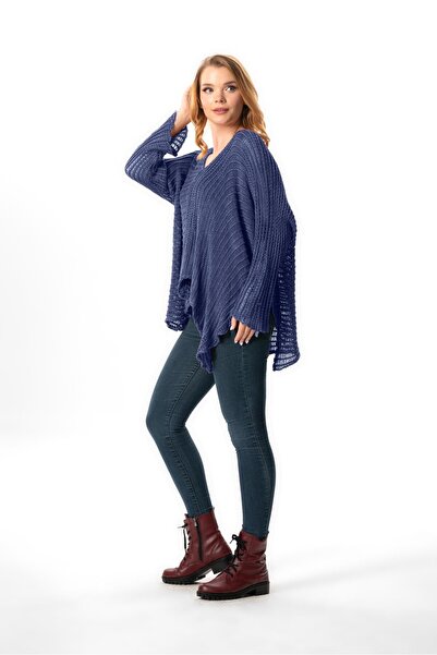 Eliş Şile Bezi Uzun Kol Şevval Geniş Yaka Ajurlu Sonbahar ve Kışlık Salaş Otantik Triko Bluz İndigo indg