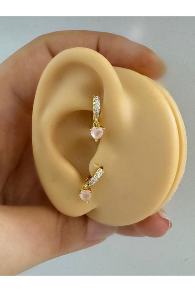 Arescollection 1 Piece Zircon Stone Pink Heart Dangle Tragus Rook Compatible Minimal Ring Piercing Earring
