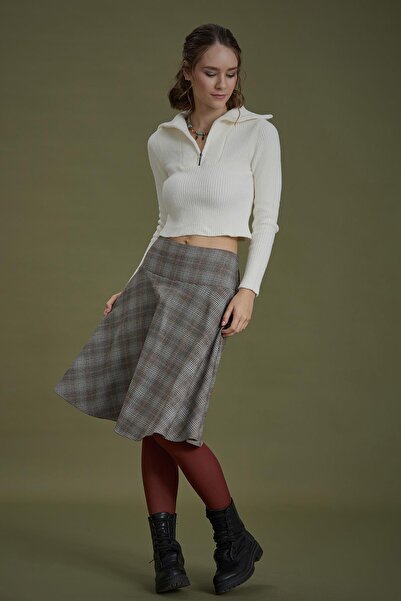 Los banditos Bohemian Style Brown Gray Checked Flared Skirt