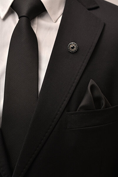 Esgue أسود نحيف 6 سم. طقم ربطة عنق ومنديل أسود وشارة مرصعة بالأحجار